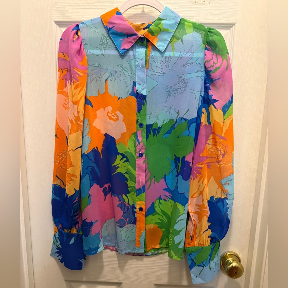 SHEIN Multicolor Floral Print Blouse in Blue, Pink, Green